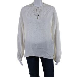 Go By GoSilk Womens Silk Long Sleeve V Neck Embroidered Blouse White Size M